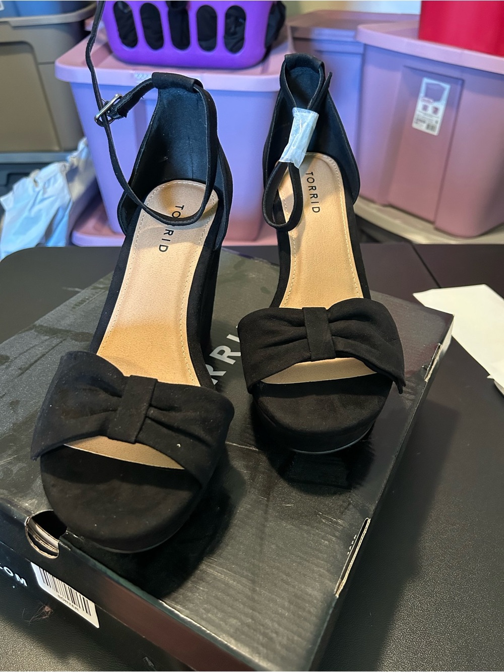 Torrid black suede wedge sandals with bow detail, size US 9